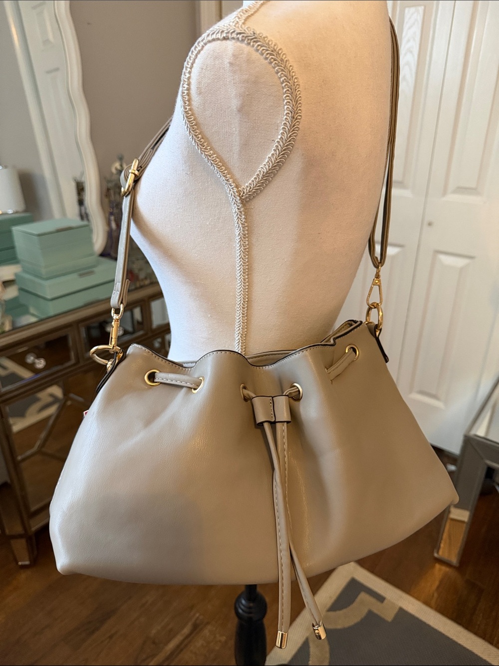 Catherine Malandrino Pale Grey Drawstring Handbag & Shoulder Bag LOVE NWT